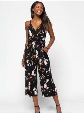 Kaileigh Black Floral V-Neck Culotte Jumpsuit with Tie Waist
